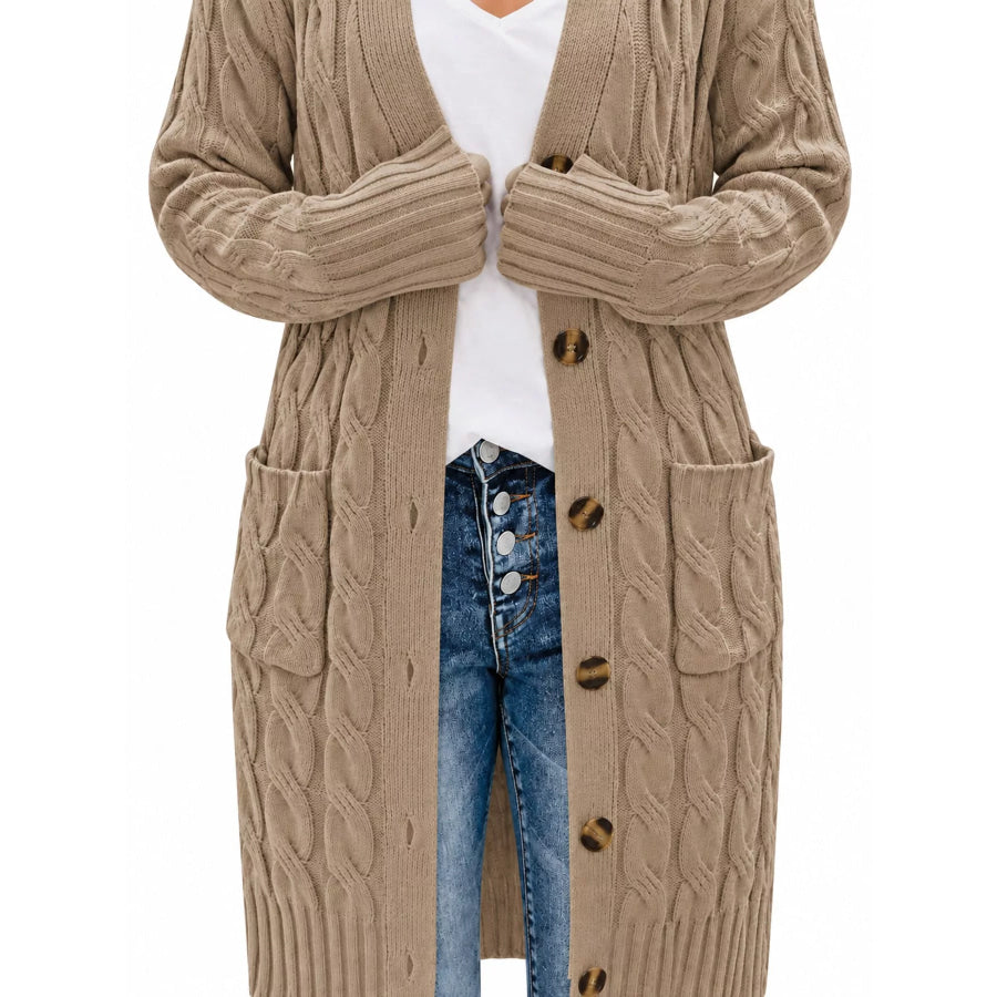 Full Size Long Sleeve Cable Knit Button-Down Cardigan with Pockets Plus Apparel and Accessories