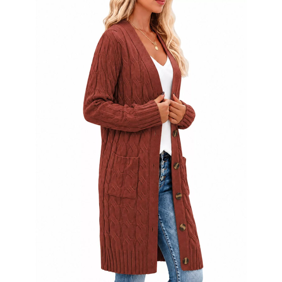 Full Size Long Sleeve Cable Knit Button-Down Cardigan with Pockets Plus Apparel and Accessories