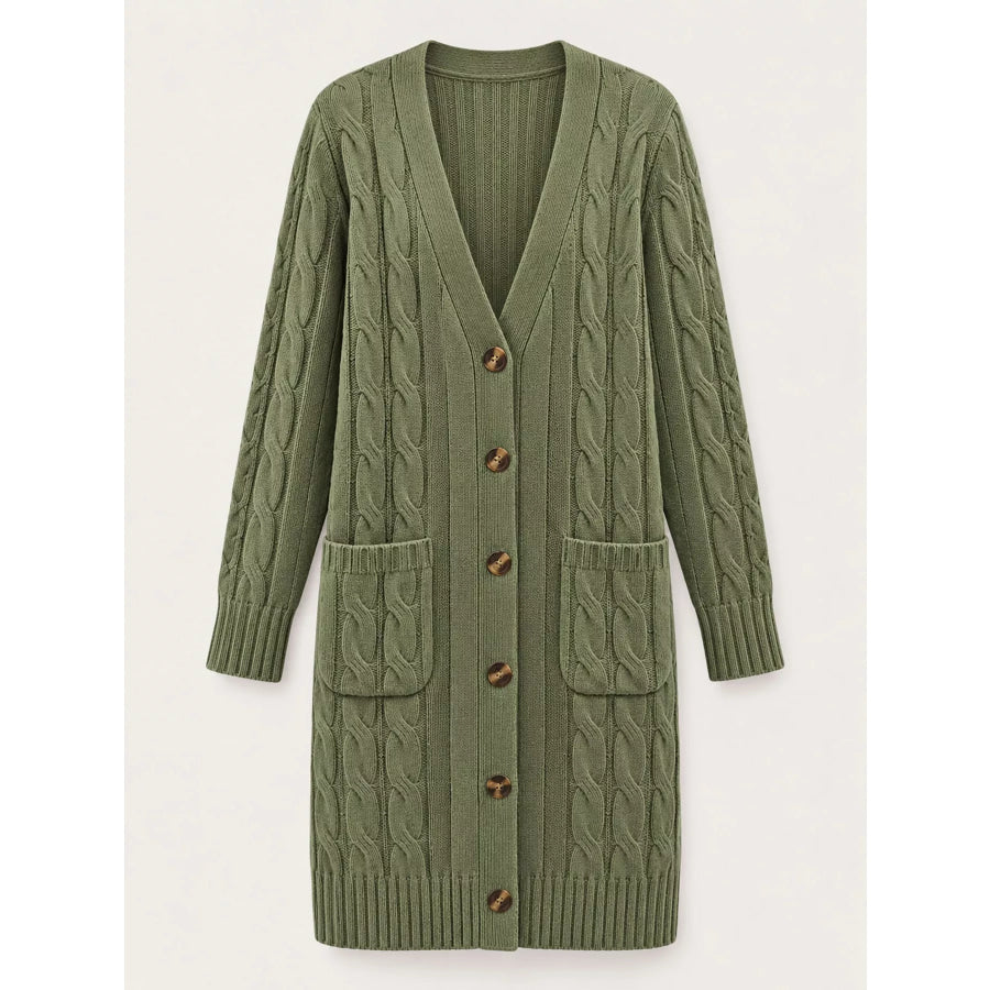 Full Size Long Sleeve Cable Knit Button-Down Cardigan with Pockets Plus Apparel and Accessories