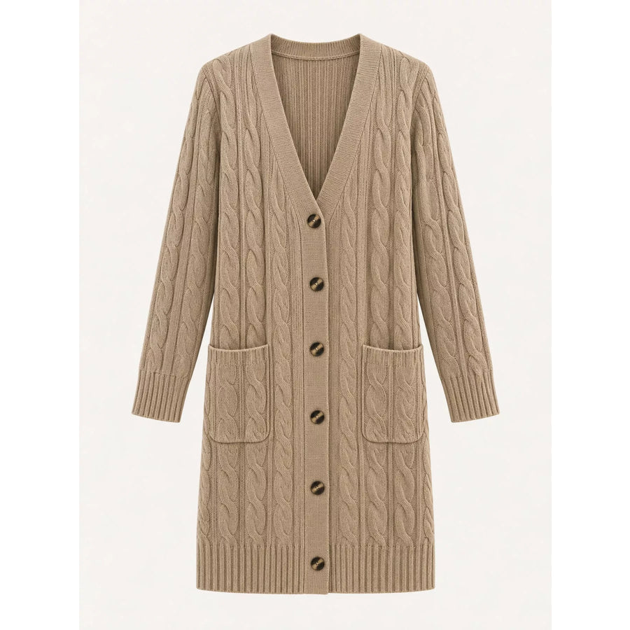 Full Size Long Sleeve Cable Knit Button-Down Cardigan with Pockets Plus Apparel and Accessories
