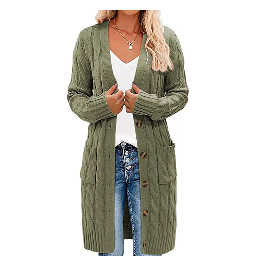 Full Size Long Sleeve Cable Knit Button-Down Cardigan with Pockets Plus Army Green / S Apparel and Accessories