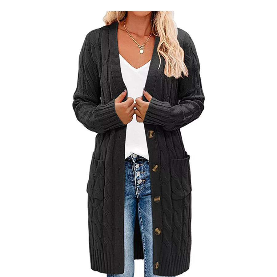 Full Size Long Sleeve Cable Knit Button-Down Cardigan with Pockets Plus Black / S Apparel and Accessories