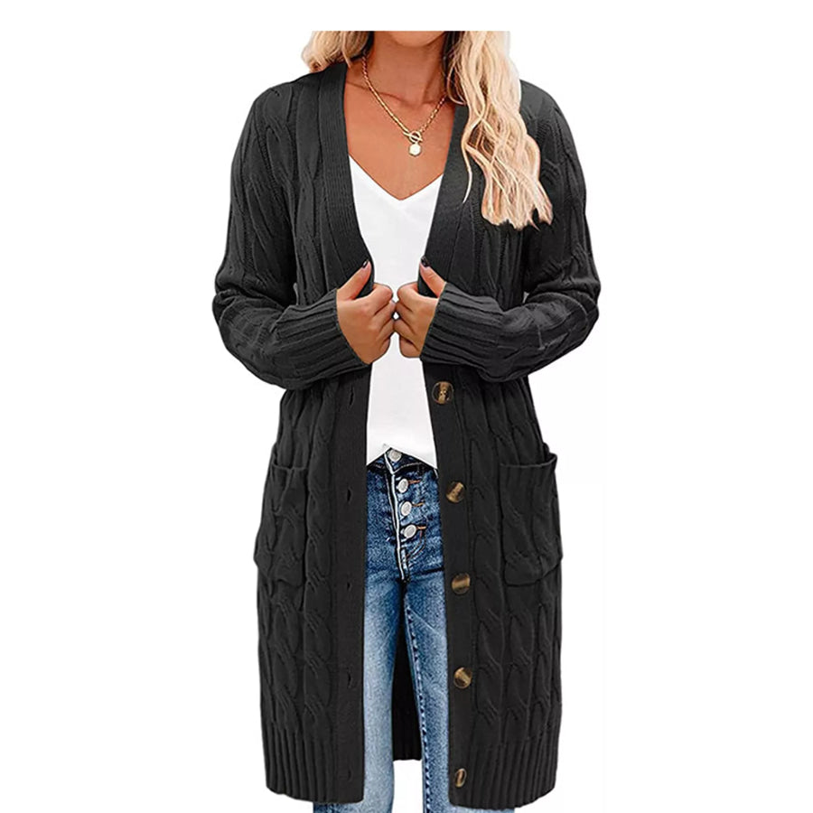 Full Size Long Sleeve Cable Knit Button-Down Cardigan with Pockets Plus Dark Gray / S Apparel and Accessories