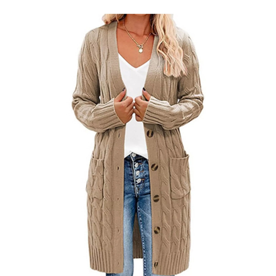 Full Size Long Sleeve Cable Knit Button-Down Cardigan with Pockets Plus Khaki / S Apparel and Accessories