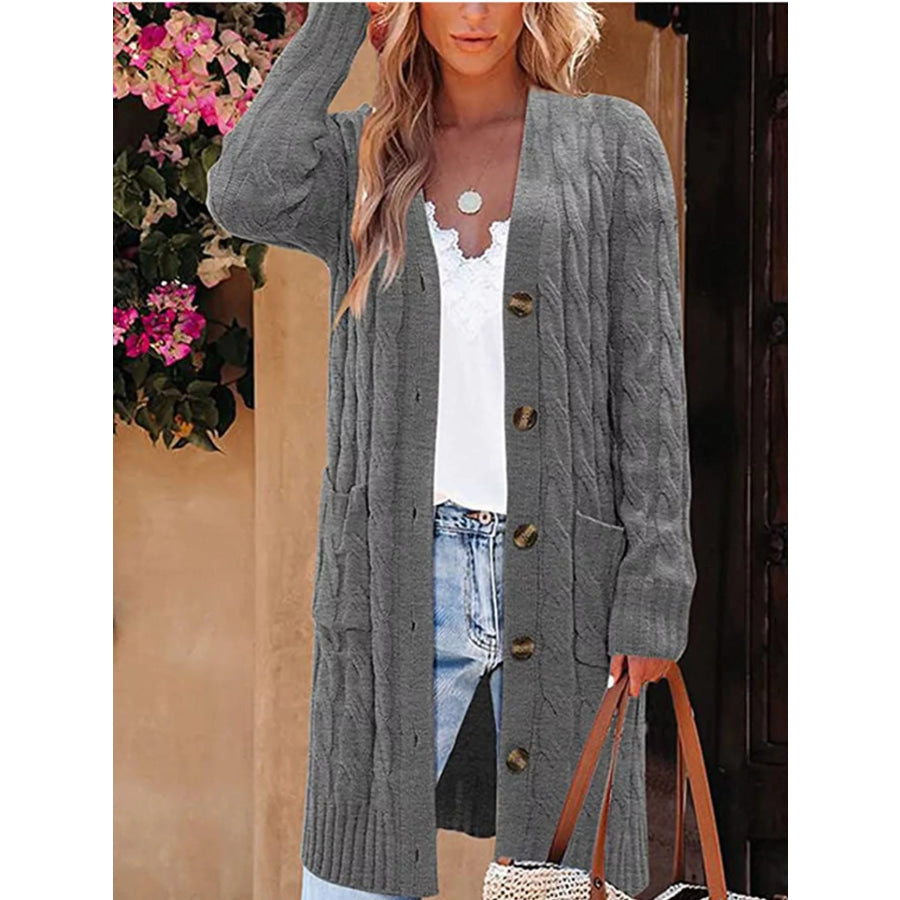 Full Size Long Sleeve Cable Knit Button-Down Cardigan with Pockets Plus Medium Gray / S Apparel and Accessories