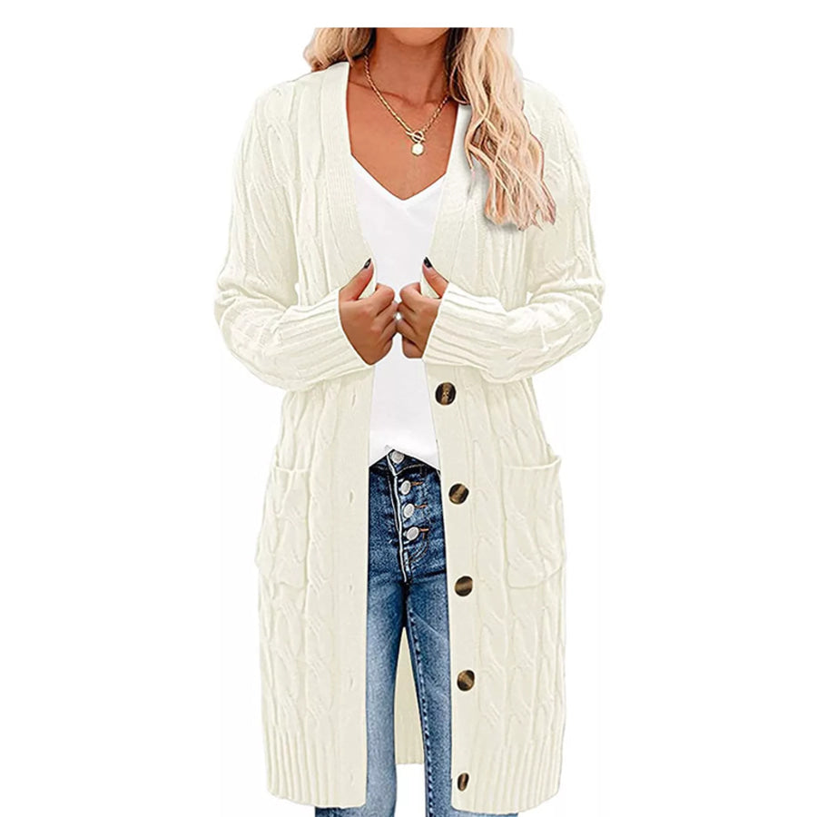 Full Size Long Sleeve Cable Knit Button-Down Cardigan with Pockets Plus Off-White / S Apparel and Accessories