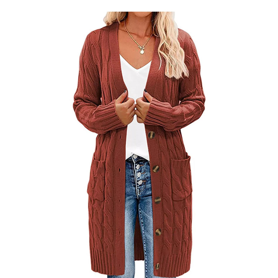 Full Size Long Sleeve Cable Knit Button-Down Cardigan with Pockets Plus Rust Red / S Apparel and Accessories
