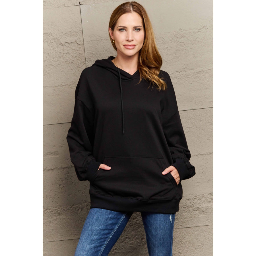 Full Size Long Sleeve Dropped Shoulder Hoodie Black / S Apparel and Accessories