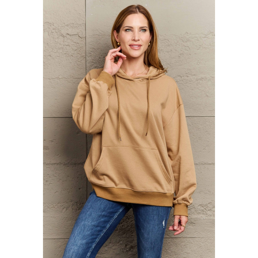 Full Size Long Sleeve Dropped Shoulder Hoodie Camel / S Apparel and Accessories