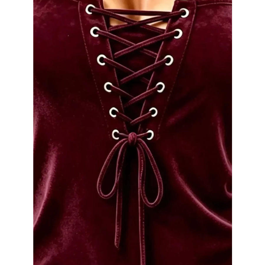 Full Size Long Sleeve Lace-Up Front Slim Fit T-Shirt Plus Size Apparel and Accessories