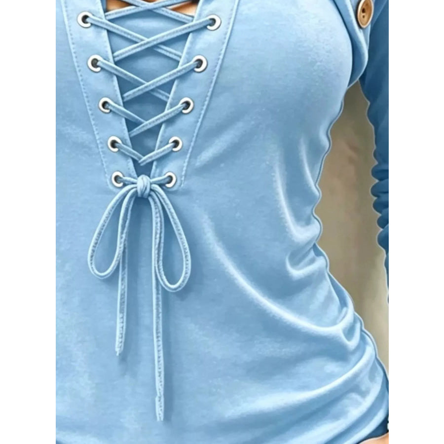 Full Size Long Sleeve Lace-Up Front Slim Fit T-Shirt Plus Size Apparel and Accessories