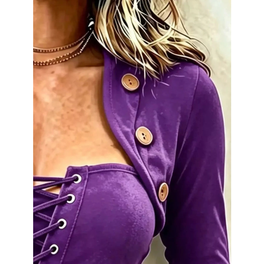 Full Size Long Sleeve Lace-Up Front Slim Fit T-Shirt Plus Size Apparel and Accessories