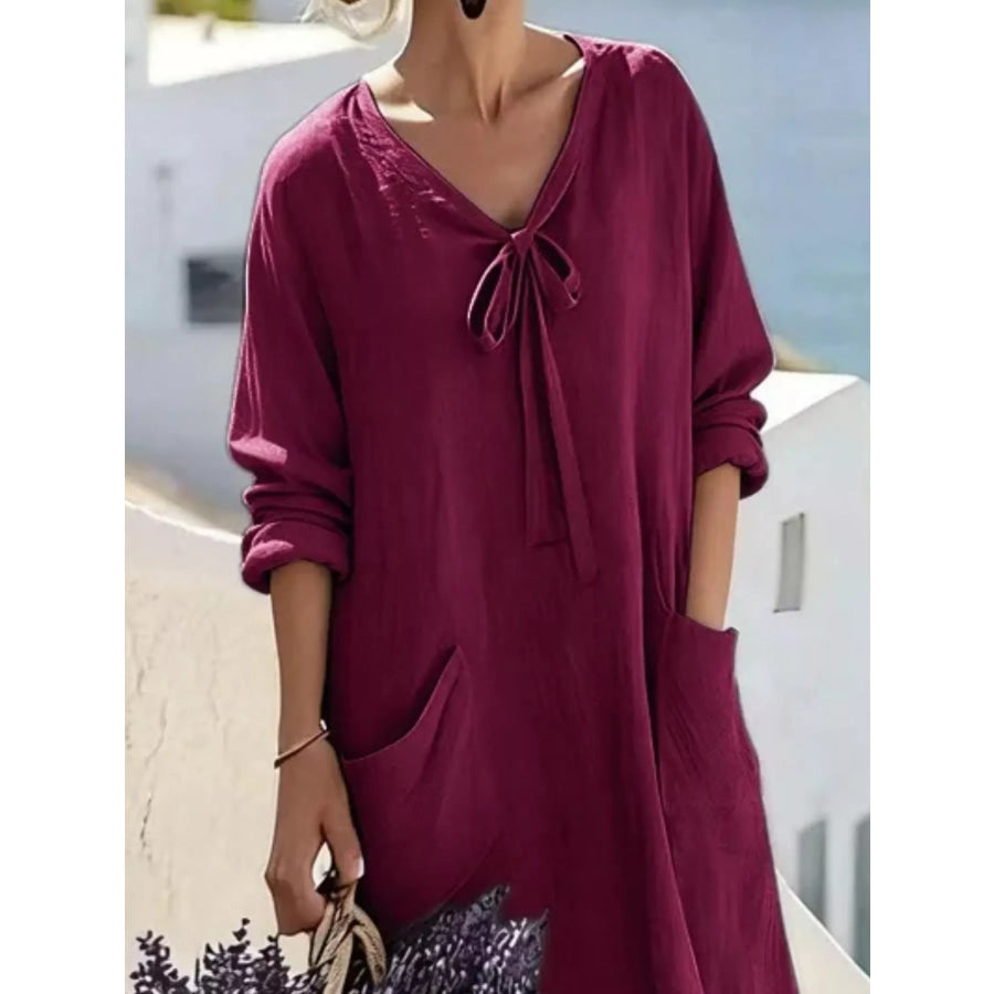 Full Size Long Sleeve Loose Maxi Dress with Pockets Plus Size Apparel and Accessories