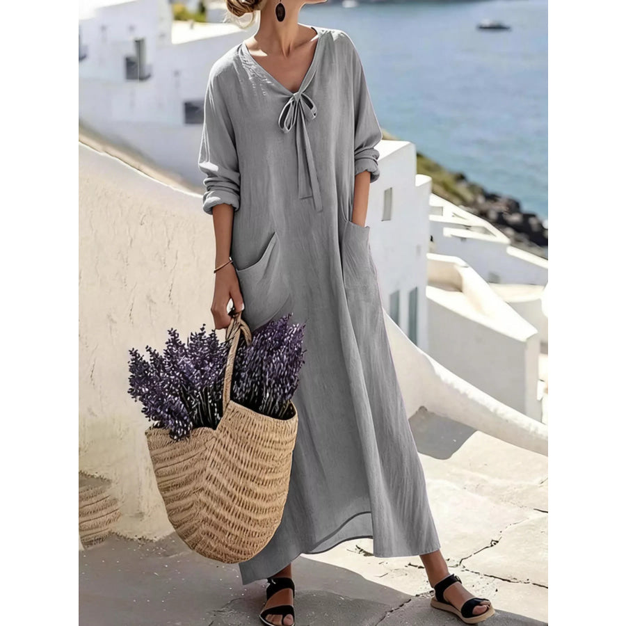 Full Size Long Sleeve Loose Maxi Dress with Pockets Plus Size Grey / S Apparel and Accessories