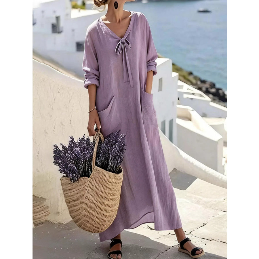 Full Size Long Sleeve Loose Maxi Dress with Pockets Plus Size Light Purple / S Apparel and Accessories