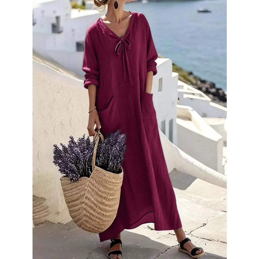 Full Size Long Sleeve Loose Maxi Dress with Pockets Plus Size Plum Purple / S Apparel and Accessories