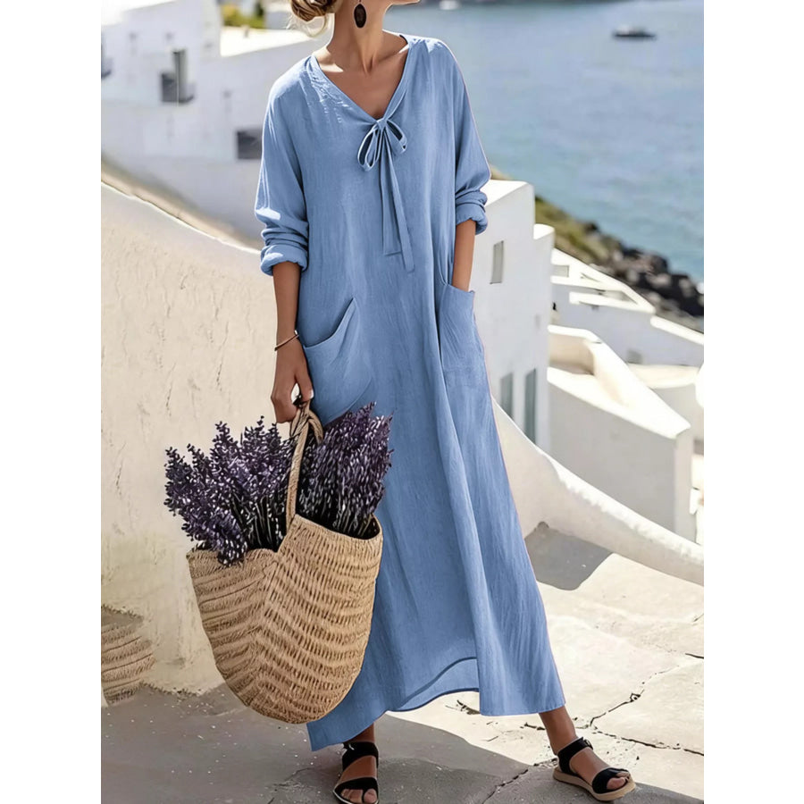 Full Size Long Sleeve Loose Maxi Dress with Pockets Plus Size Sky Blue / S Apparel and Accessories