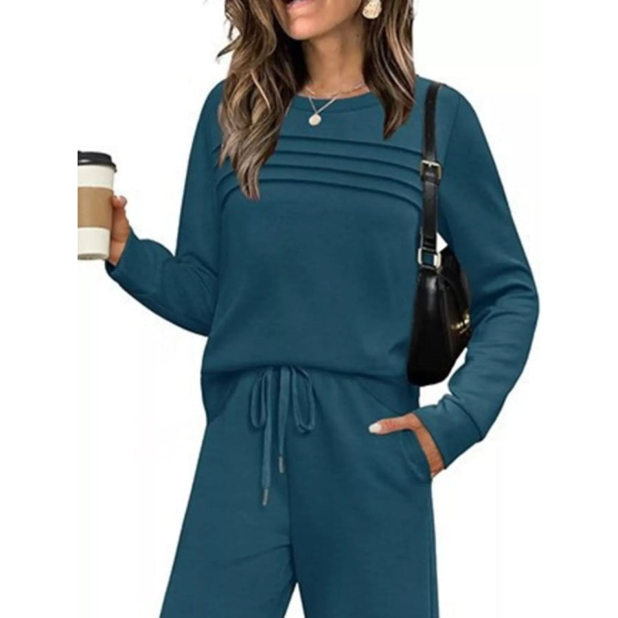 Full Size Long Sleeve Round Neck Top and Pants Set Plus Size Apparel and Accessories
