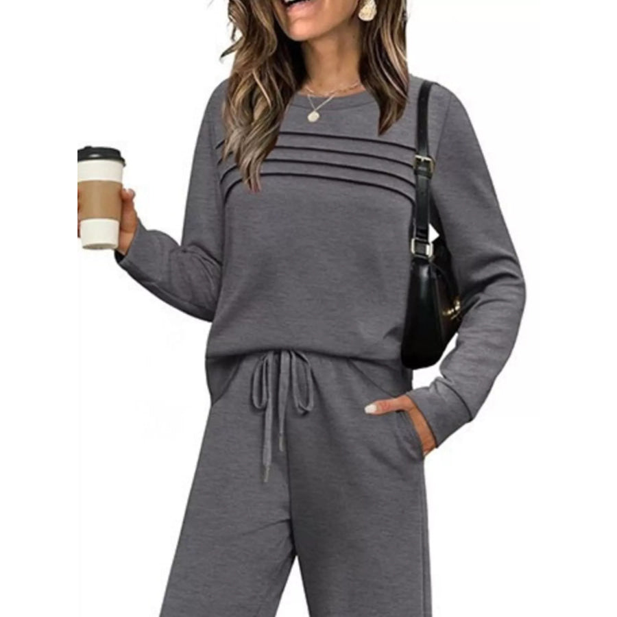Full Size Long Sleeve Round Neck Top and Pants Set Plus Size Apparel and Accessories