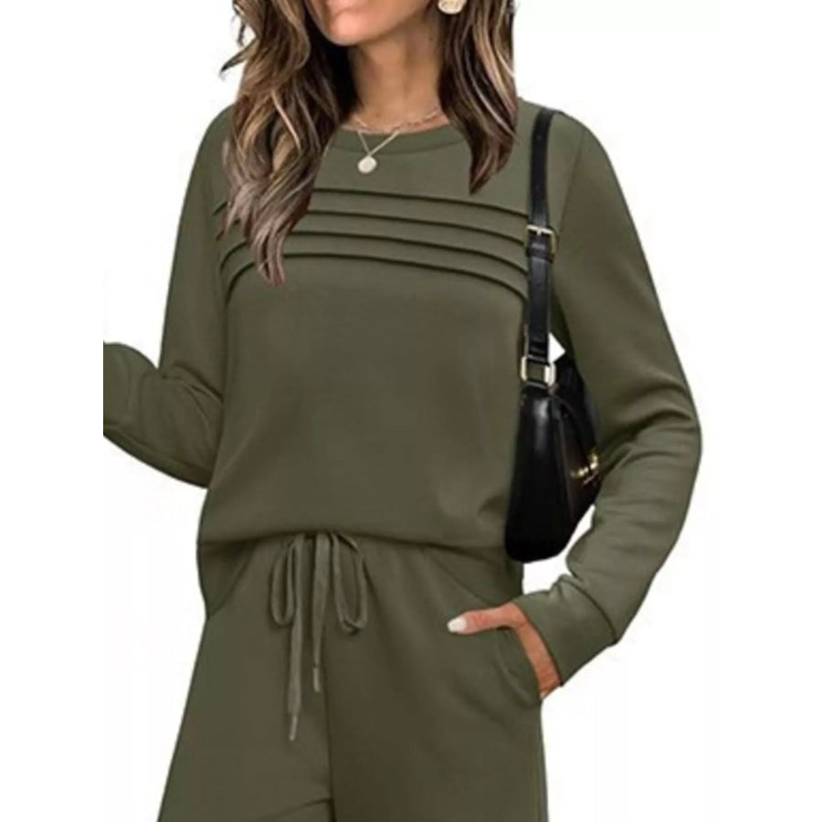 Full Size Long Sleeve Round Neck Top and Pants Set Plus Size Apparel and Accessories