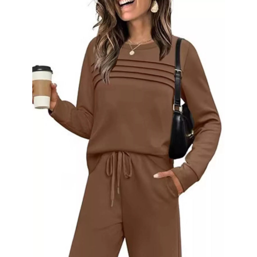Full Size Long Sleeve Round Neck Top and Pants Set Plus Size Apparel and Accessories