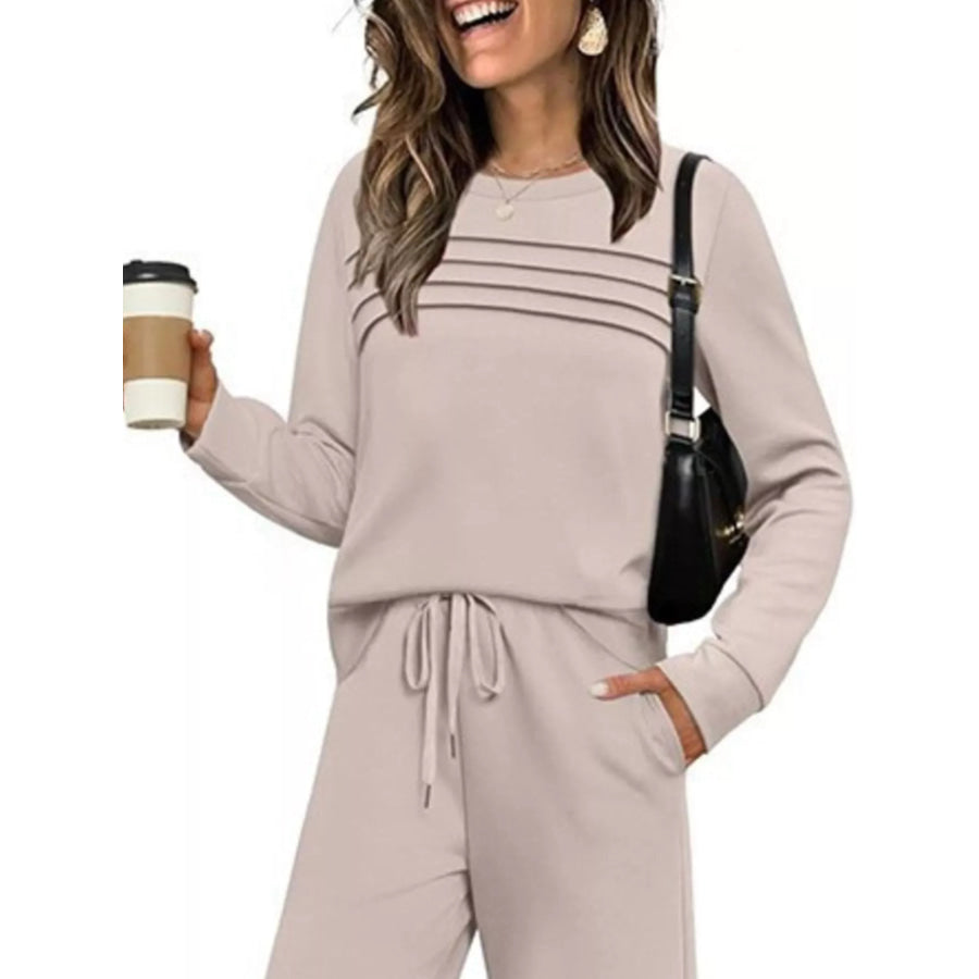 Full Size Long Sleeve Round Neck Top and Pants Set Plus Size Apparel and Accessories