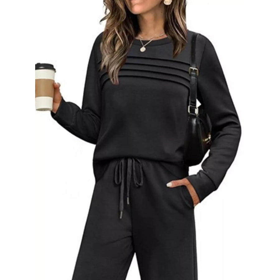 Full Size Long Sleeve Round Neck Top and Pants Set Plus Size Apparel and Accessories