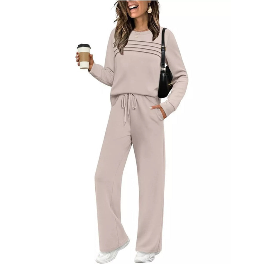 Full Size Long Sleeve Round Neck Top and Pants Set Plus Size Apricot / S Apparel and Accessories