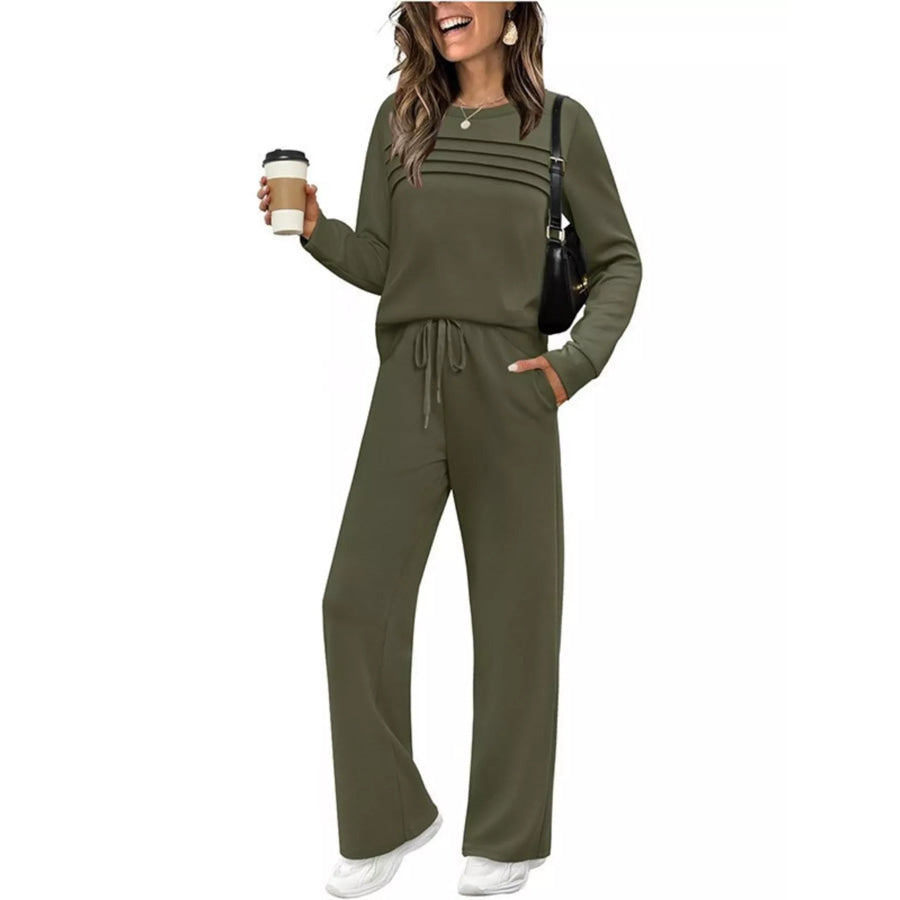 Full Size Long Sleeve Round Neck Top and Pants Set Plus Size Army Green / S Apparel and Accessories