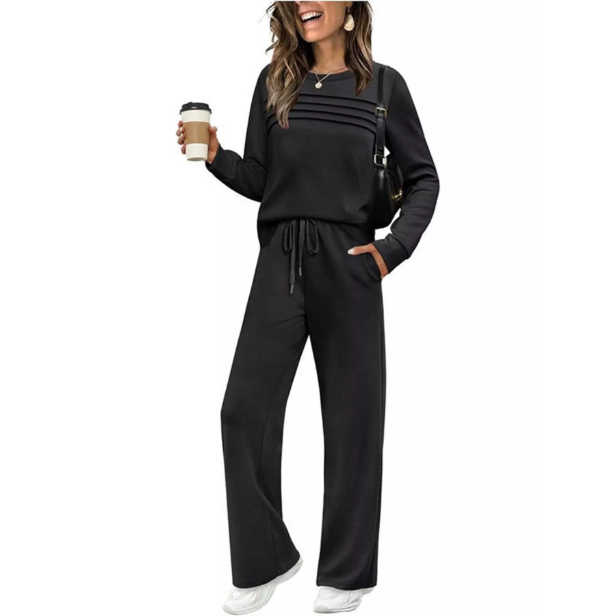 Full Size Long Sleeve Round Neck Top and Pants Set Plus Size Black / S Apparel and Accessories