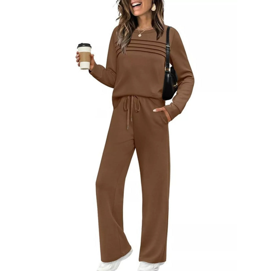 Full Size Long Sleeve Round Neck Top and Pants Set Plus Size Brown / S Apparel and Accessories
