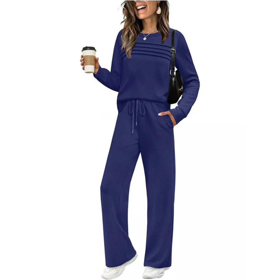 Full Size Long Sleeve Round Neck Top and Pants Set Plus Size Dark Blue / S Apparel and Accessories