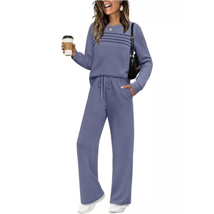 Full Size Long Sleeve Round Neck Top and Pants Set Plus Size Dusty Blue / S Apparel and Accessories