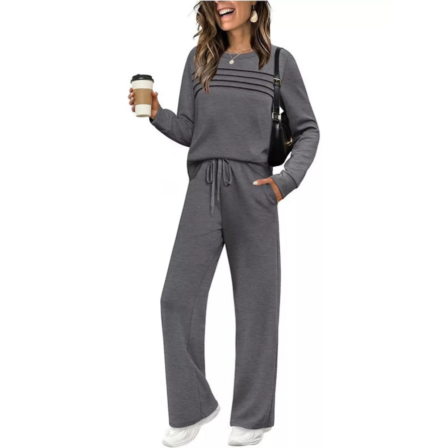 Full Size Long Sleeve Round Neck Top and Pants Set Plus Size Gray / S Apparel and Accessories