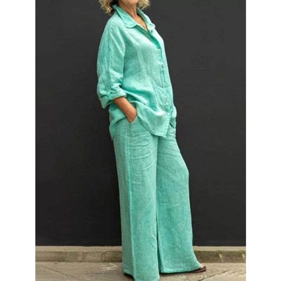 Full Size Long Sleeve Shirt and Pants Set Plus Size Green / S Apparel and Accessories