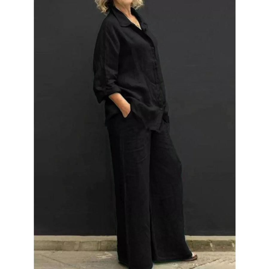 Full Size Long Sleeve Shirt and Pants Set Plus Size Black / S Apparel and Accessories