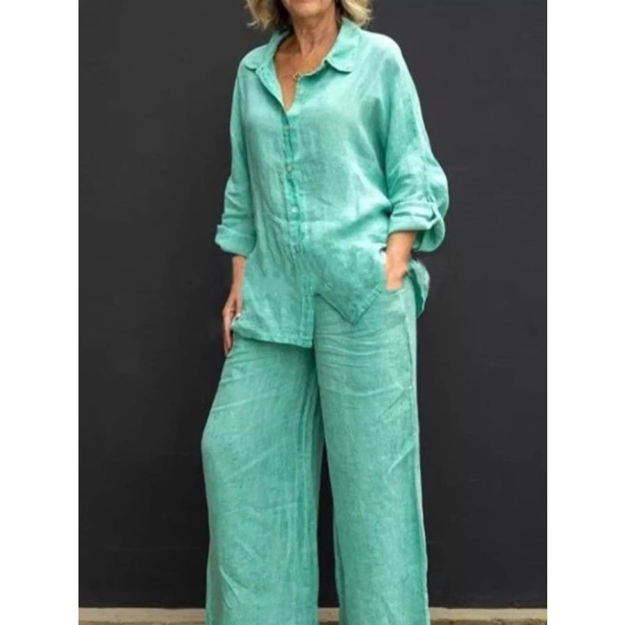 Full Size Long Sleeve Shirt and Pants Set Plus Size Green / S Apparel and Accessories