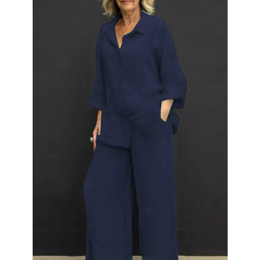 Full Size Long Sleeve Shirt and Pants Set Plus Size Navy Blue / S Apparel and Accessories
