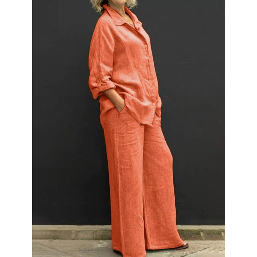 Full Size Long Sleeve Shirt and Pants Set Plus Size Orange / S Apparel and Accessories