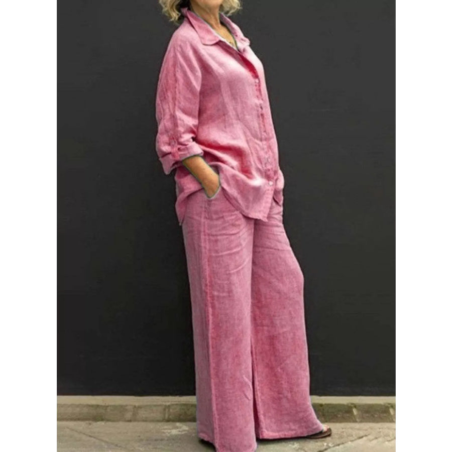 Full Size Long Sleeve Shirt and Pants Set Plus Size Pink / S Apparel and Accessories