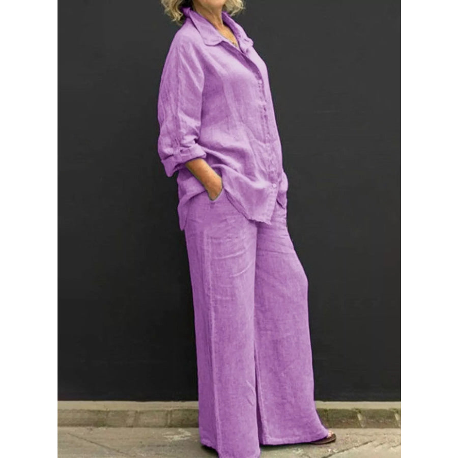 Full Size Long Sleeve Shirt and Pants Set Plus Size Purple / S Apparel and Accessories