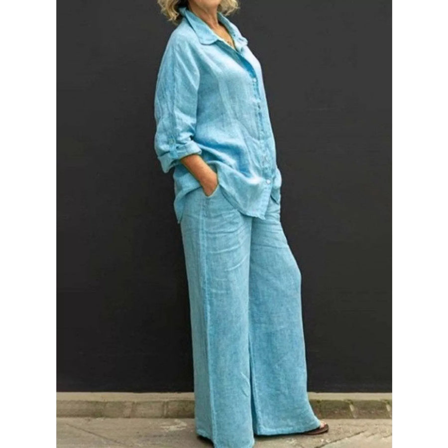 Full Size Long Sleeve Shirt and Pants Set Plus Size Sky Blue / S Apparel and Accessories