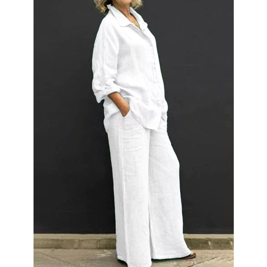 Full Size Long Sleeve Shirt and Pants Set Plus Size White / S Apparel and Accessories