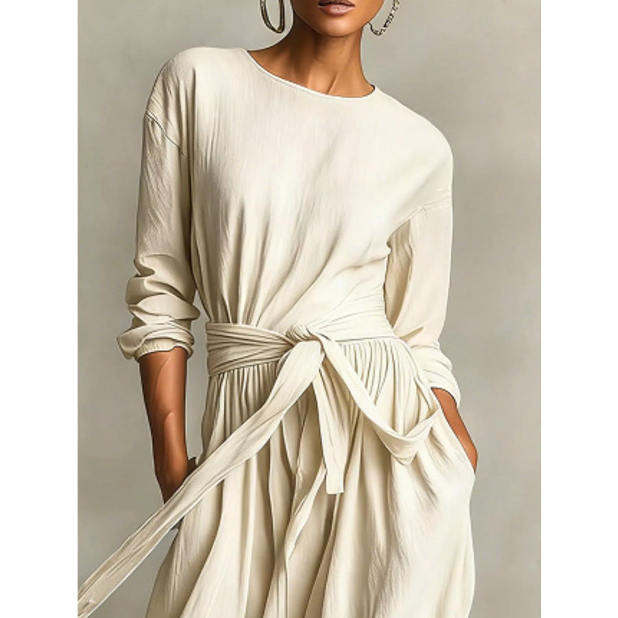 Full Size Long Sleeve Tie Waist Maxi Dress Plus Size Apparel and Accessories