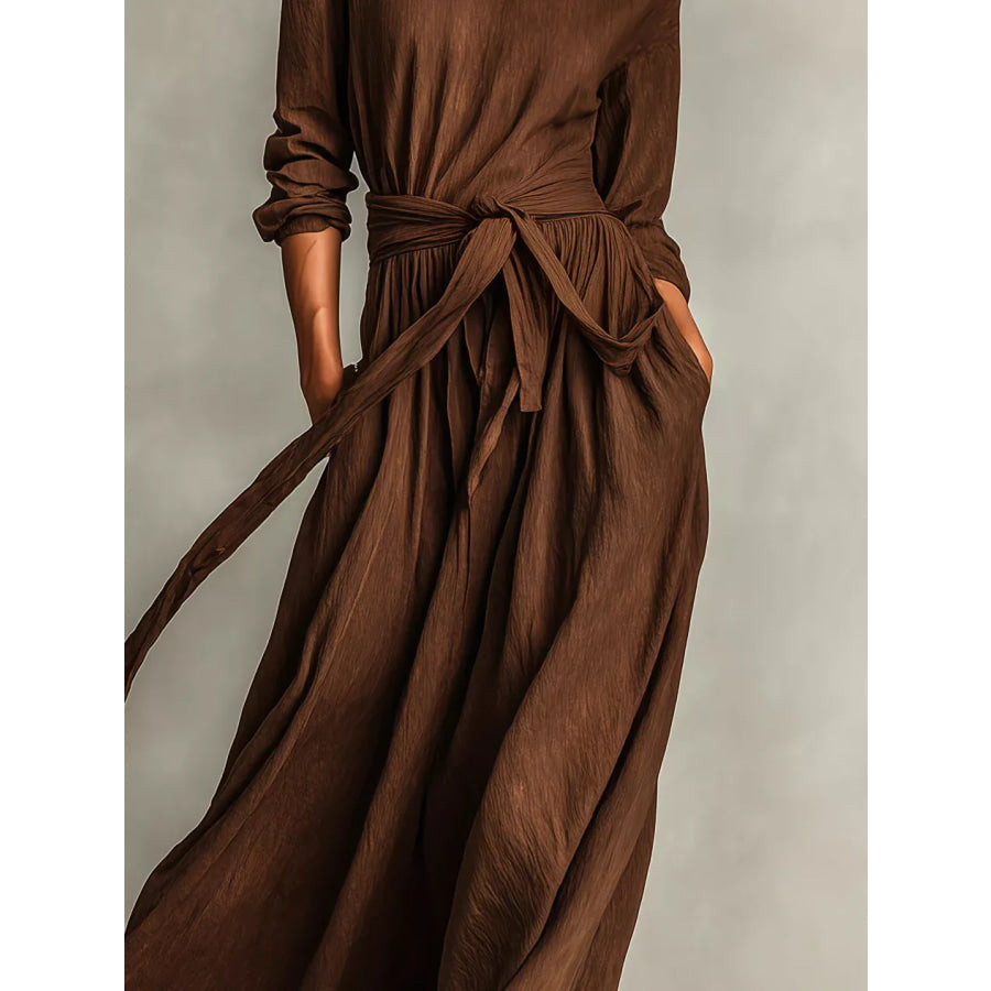 Full Size Long Sleeve Tie Waist Maxi Dress Plus Size Apparel and Accessories