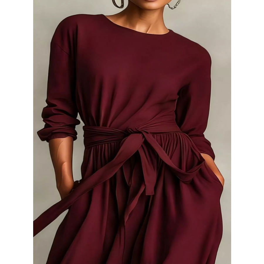 Full Size Long Sleeve Tie Waist Maxi Dress Plus Size Apparel and Accessories