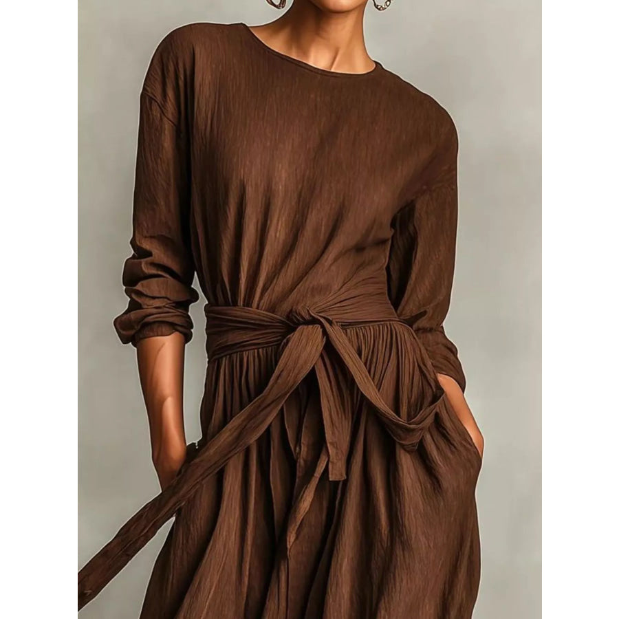 Full Size Long Sleeve Tie Waist Maxi Dress Plus Size Apparel and Accessories