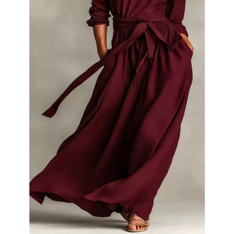Full Size Long Sleeve Tie Waist Maxi Dress Plus Size Apparel and Accessories