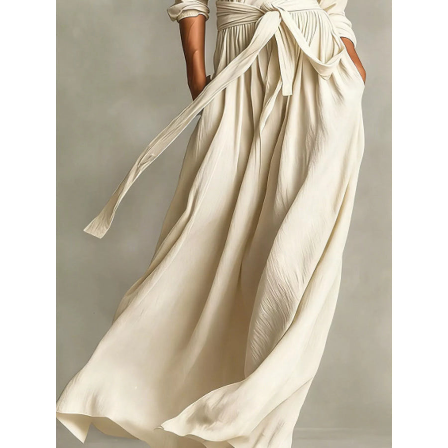 Full Size Long Sleeve Tie Waist Maxi Dress Plus Size Apparel and Accessories