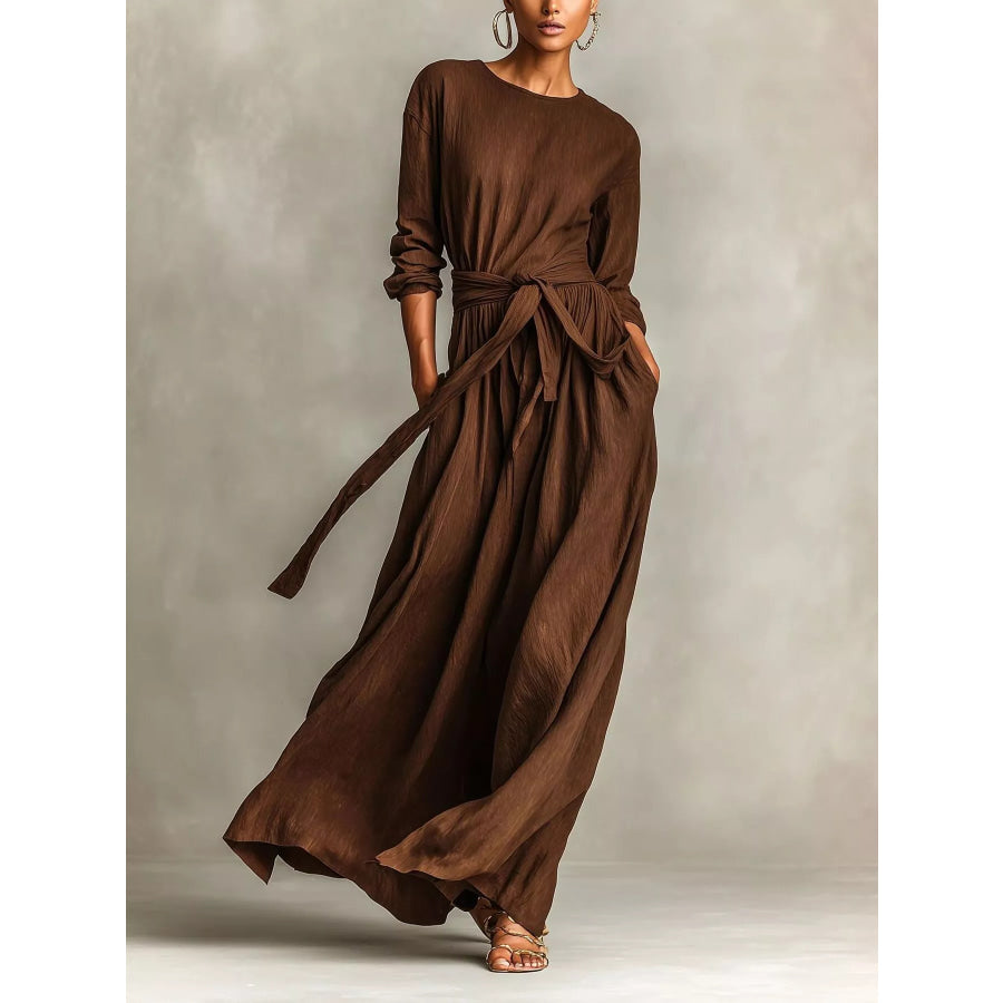 Full Size Long Sleeve Tie Waist Maxi Dress Plus Size Brown / S Apparel and Accessories